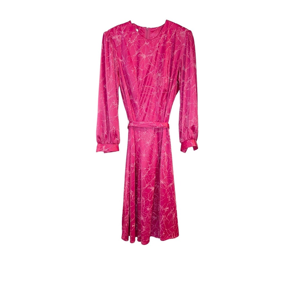 Vtg 70s 80s California Looks Belted Pink Abstract Dress Lightweight Long Sleeve